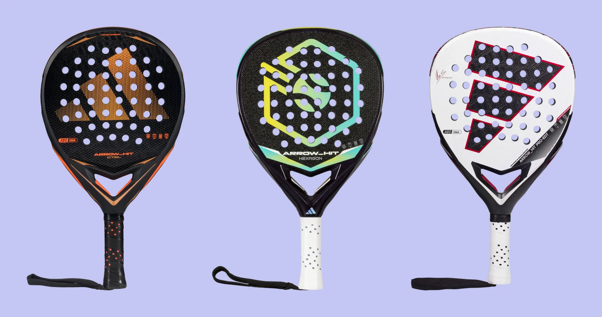 Adidas Arrow Hit Ctrl, Arrow Hit Hexagon Cup and Arrow Hit Pro Edition padel rackets side by side