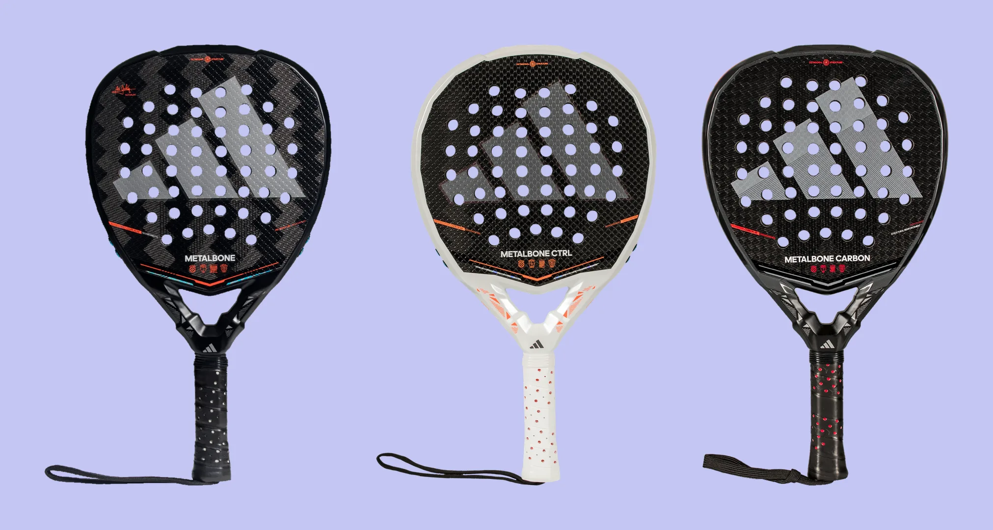 Adidas Metalbone 2026, Metalbone Ctrl and Metalbone Carbon padel rackets side by side