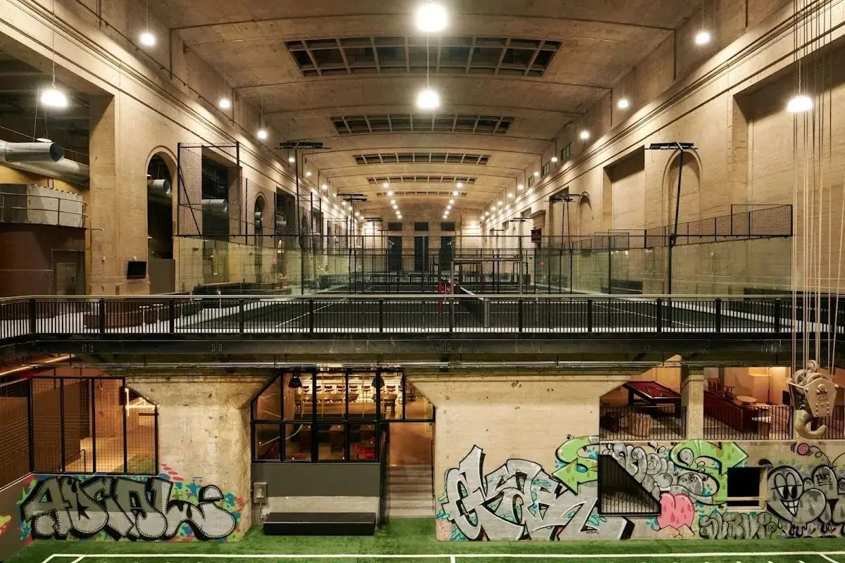 The Turbine Hall at Ballers Philadelphia, indoor padel courts inside a former power plant