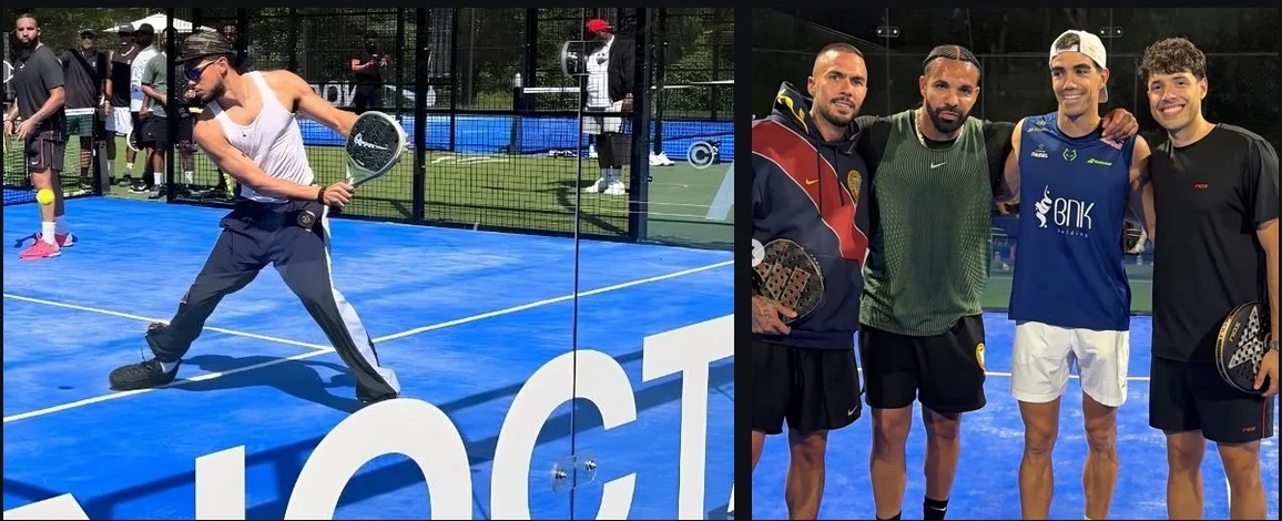 Two scenes from Drake's New Jersey padel retreat: a player mid-swing behind the NOCTA banner, and Drake on court with the pros