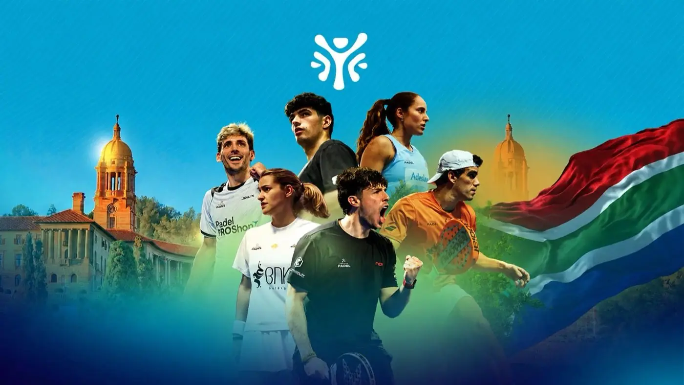 Premier Padel Pretoria P1 artwork, players in front of the Union Buildings and the South African flag