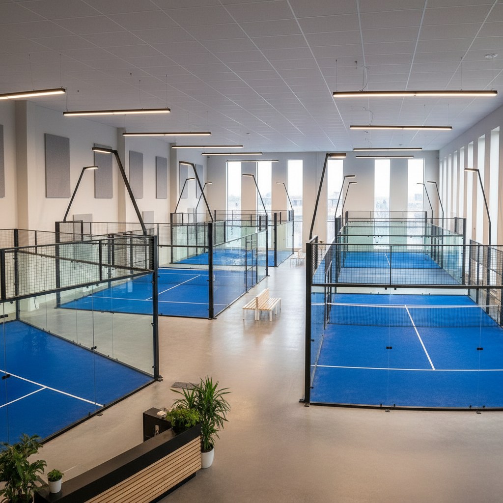 A brand-new indoor padel club at opening time, several glass-walled courts with blue turf and no players yet