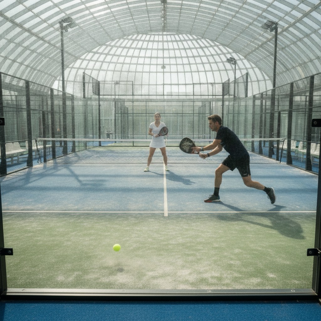 A padel rally seen from behind the back glass: one player lunges wide to reach a ball pulled into the corner while their partner covers the middle