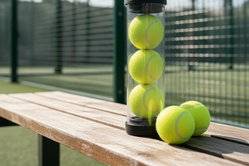 A clear tube holding three yellow padel balls under pressure, two loose balls beside it on a bench by a court