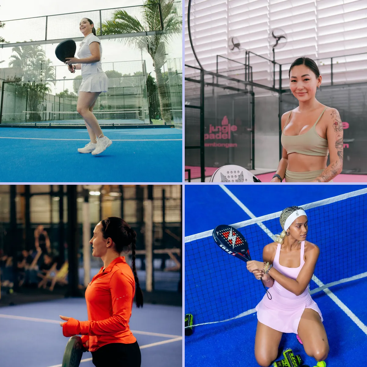 Four women's padel looks side by side: a white outfit on an outdoor padel court, a tank and skort, an orange long-sleeve layer, and a pink tank and skort.